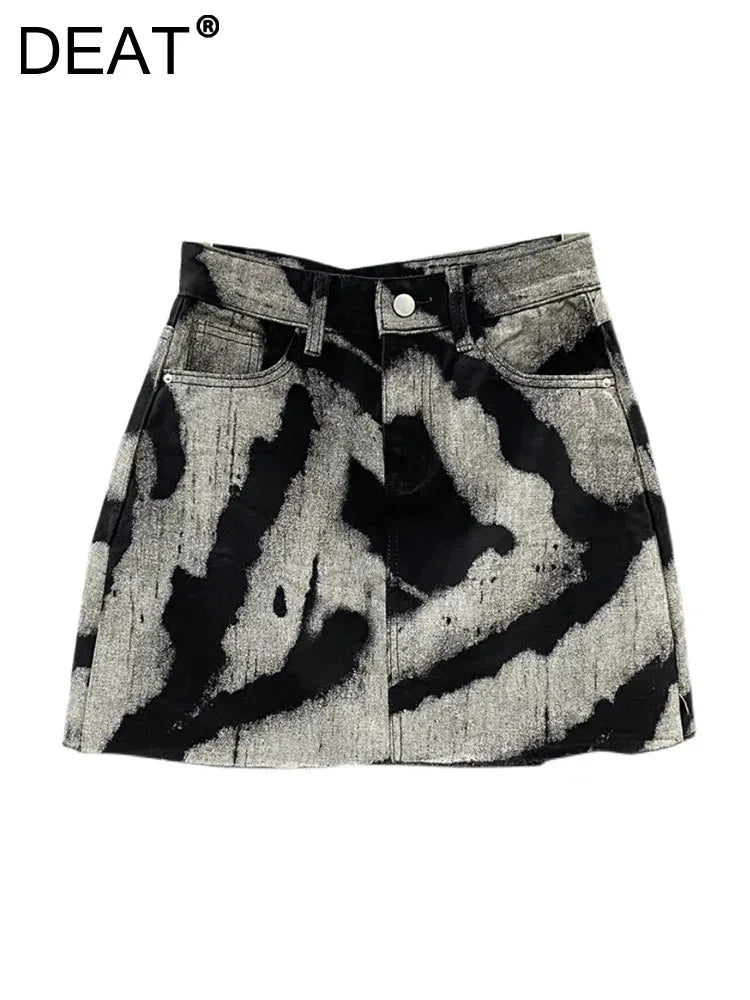 DEAT Women's Denim Skirt Contrast Color Stripes Print Burrs High Waist Short Mini Skirts Summer New Fashion 11XX1648
