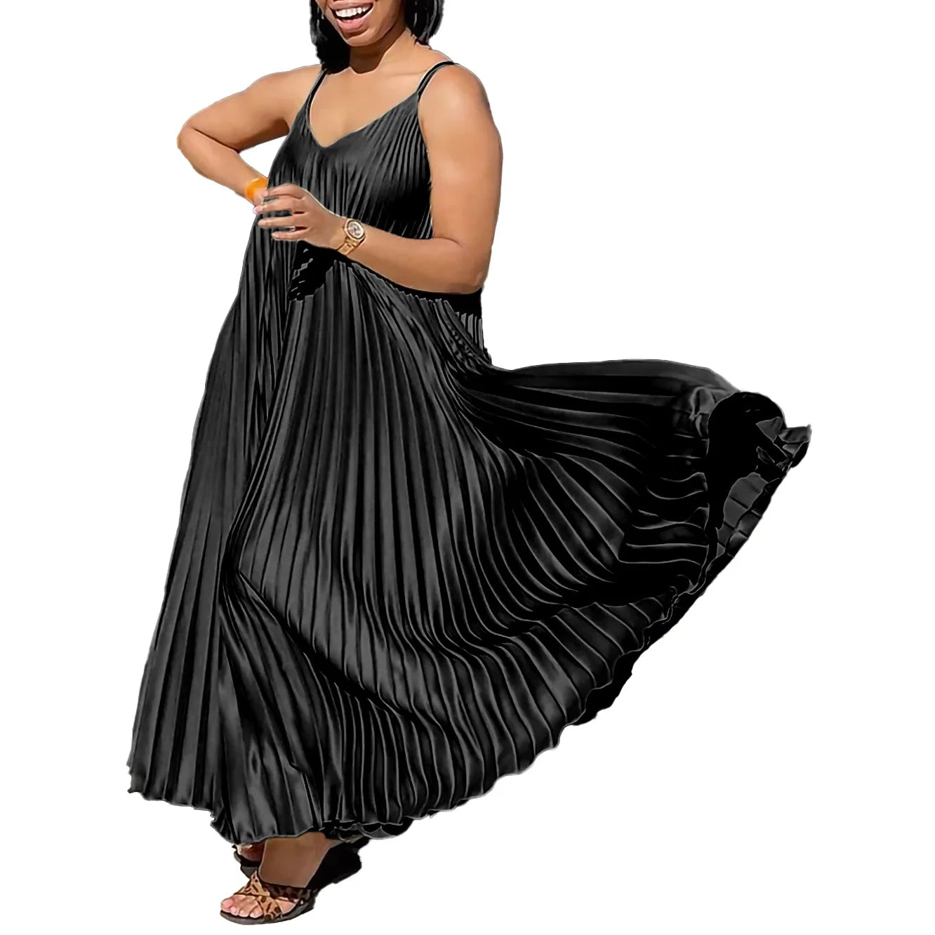 Plus Size Summer New Solid Color Loose V-Neck Suspender Pleated Large Skirt Hem Fashionable And Elegant Vacation Long Dress MG8571003