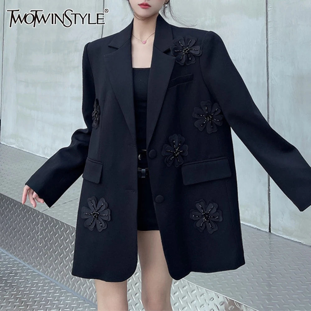 TWOTWINSTYLE Fashion Spliced Appliques Elegant Jackets for Women Lapel Long Sleeves Patchwork Pocket Jacket Female Clothing New