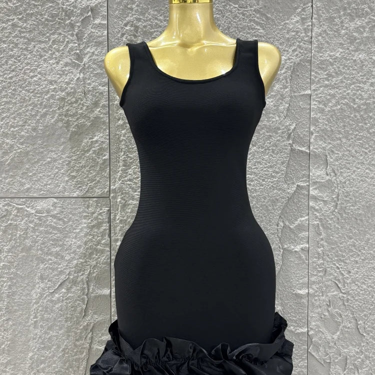 High Quality Women Sleeveless Sexy O-Neck Ruffles Bodycon Mini Bandage Dress Celebrate Nightclub Party Bar Singer Outfit