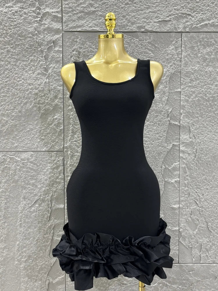 High Quality Women Sleeveless Sexy O-Neck Ruffles Bodycon Mini Bandage Dress Celebrate Nightclub Party Bar Singer Outfit
