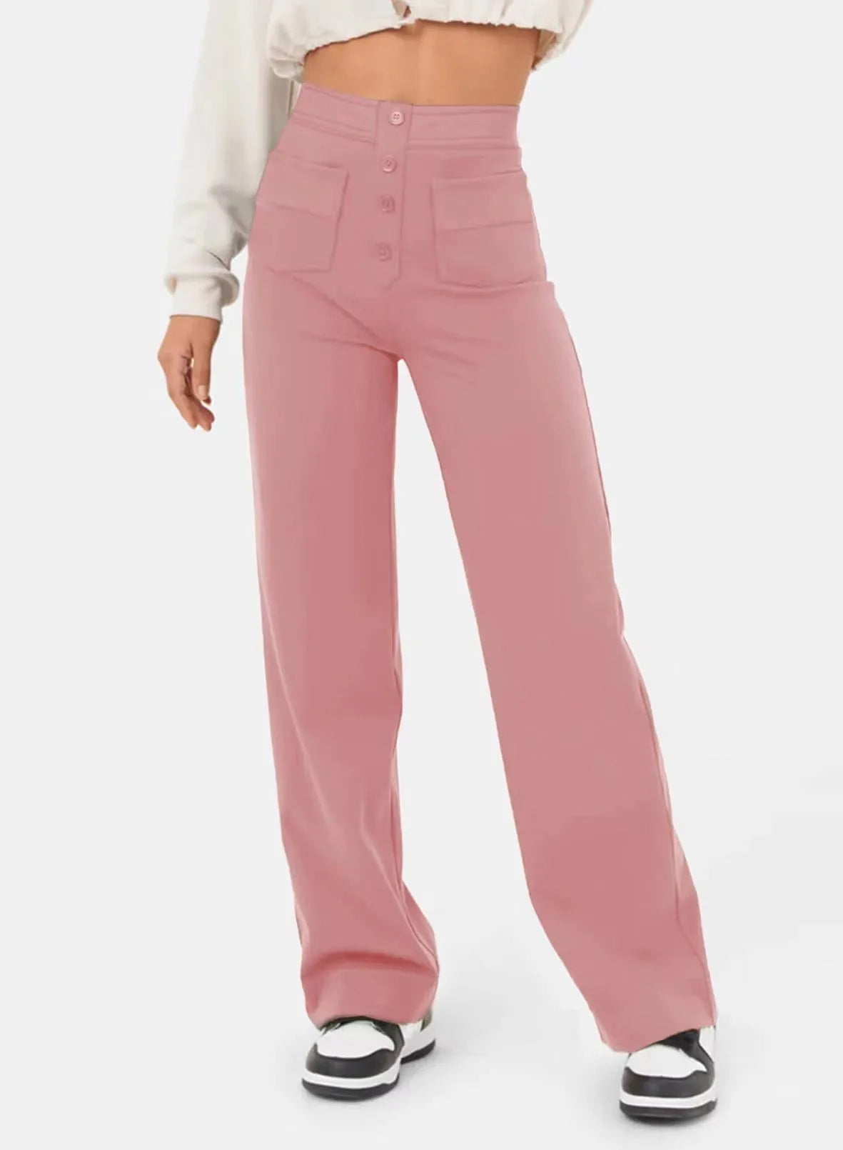 Women's High-waisted Elastic Casual Trousers Fashionable Casual Straight-leg Pants Buttoned Elegant Casual Pants Pink