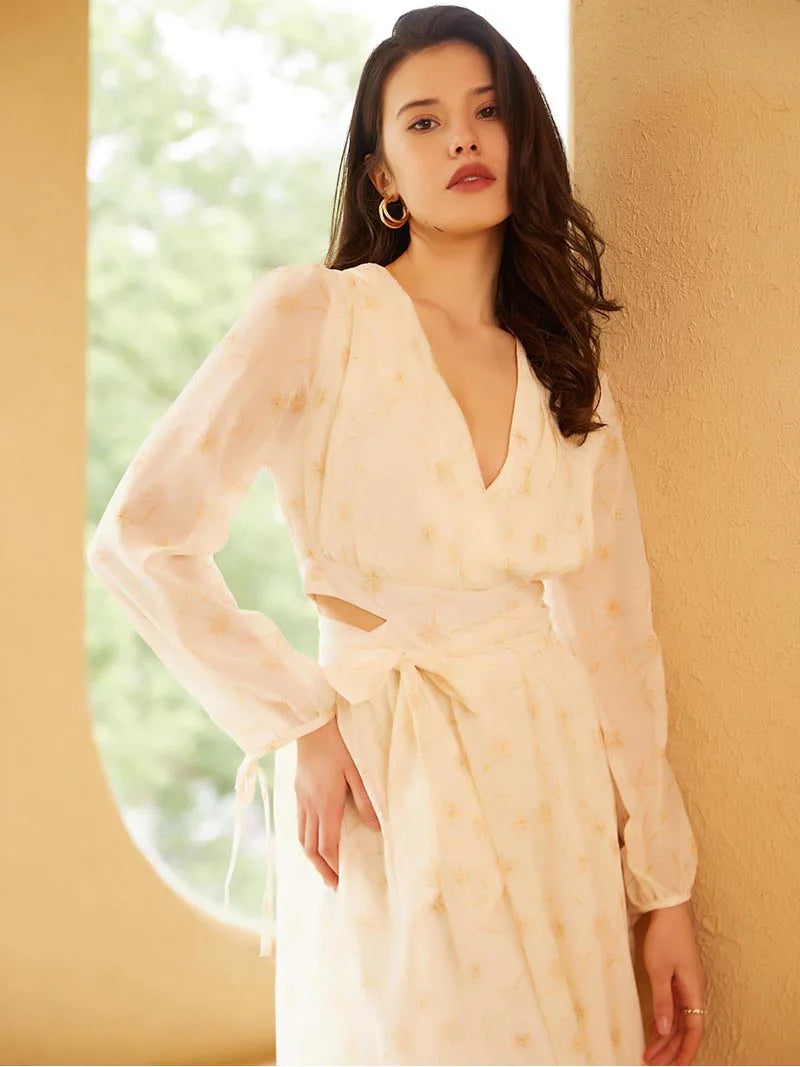 Polyester Daisy Floral White Dresses Women Elegant Long Sleeve Beach Dress V Neck Sexy Bandage Long Summer Dresses Women 2024 White