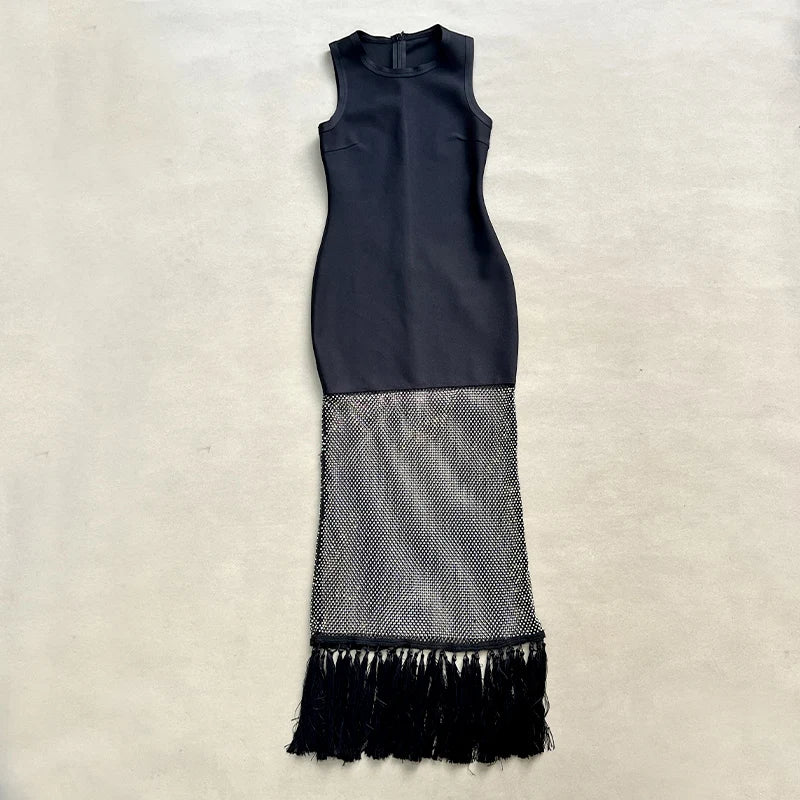 Women Sleeveless Sexy O-Neck Shinning Rhinestones Bodycon Long Bandage Dress Nightclub Party Celebrate Evening Wear