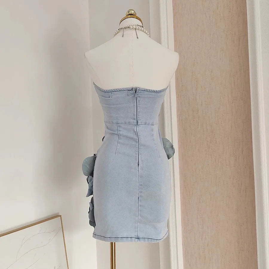 French Elegant Solid 3D Appliques Flower Patchwork Slimming Dress For Women Slash Neck Sleeveless Tunic Vestidos Female Clothing