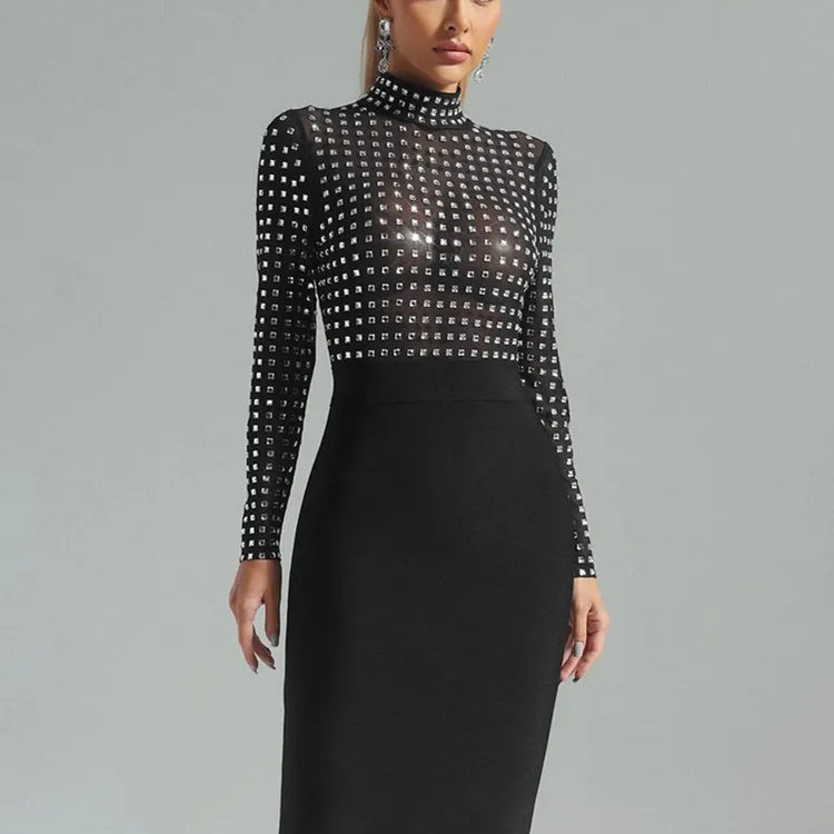 est Women Celebrity Sexy Turtleneck Rhinestone Black Midi Bodycon Bandage Dress Elegant Evening Club Party Dress