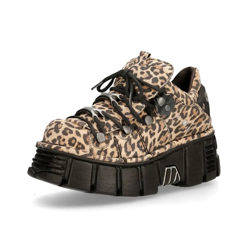 U-DOUBLE Brand Punk Style Women Shoes Lace-up heel height 6CM Platform Shoes Woman Gothic Ankle Boots Metal Decor Woman Sneakers Leopard color