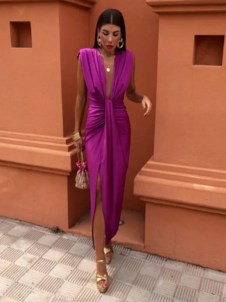 Sexy Deep V Neck Flods Split Dress Women Elegant Solid Sleeveless Midi Vestidos Summer New Ladies Evening Party Robes