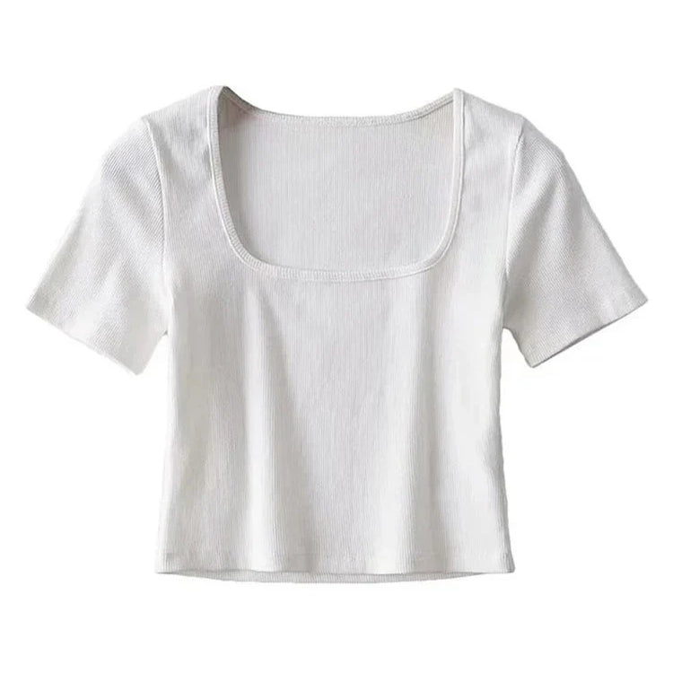 Women Square Neck Rib Crop T-shirt Short Sleeve Crop Top WHITE