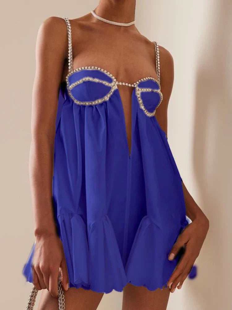 DEAT New Trendy Women's Diamonds Chain Pleated Sling Dress Spring Fashion Off-shoulder Sleeveless Dresses Female 33A1209