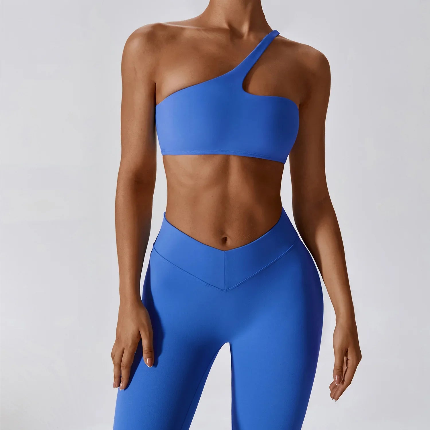 2 Piece Yoga Suit Women's Gym Fitness Push-up Clothes High Waist Leggings One Shoulder Sports Bra Workout Set Fitness Sportswear Cobalt blue CHINA