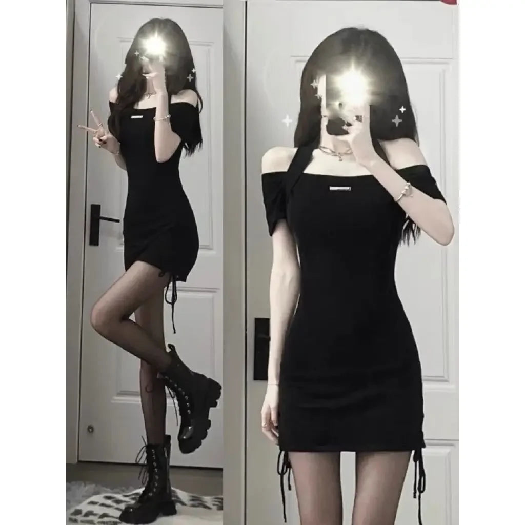 Black Dress Summer Hanging Neck Strap Dress Sexy Slim Mini Dress Solid Color Dresses Fashion Hip wrap skirt girl dress