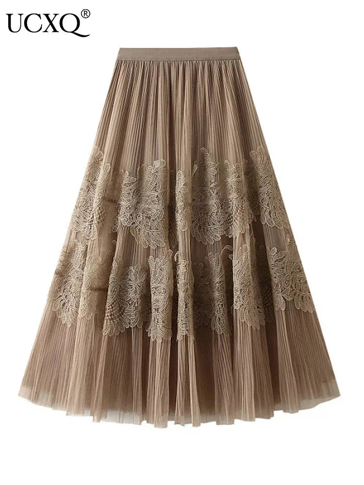 UCXQ New Products Sweet Cake Spliced Skirt Lace Pleated Mesh Large Hem A-line Skirts For Women New Spring Autumn 23A7001