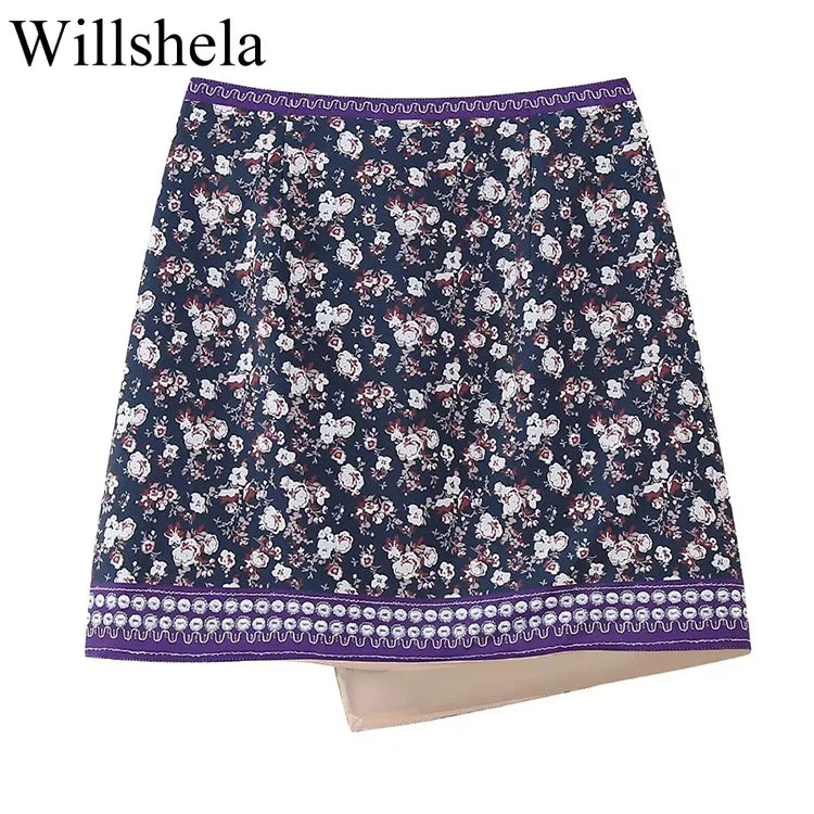 Willshela Women Fashion Printed Side Zipper Mini Skirt Vintage High Waist Asymmetrical Female Chic Lady Skirts