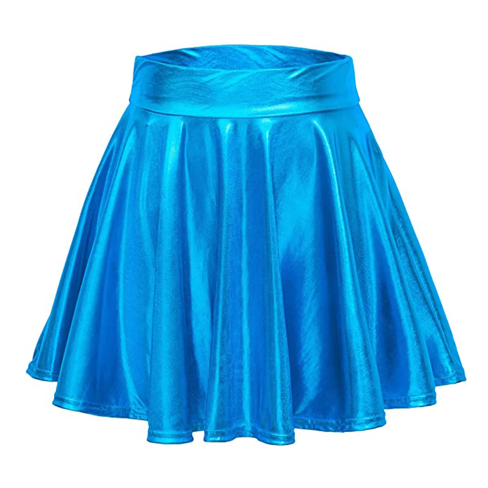 Women Shiny Metallic Pleated Skirt Stretchy High Waist A-Line Mini Skirts for Carnival Party Performance Nightclub Rave Dance Blue