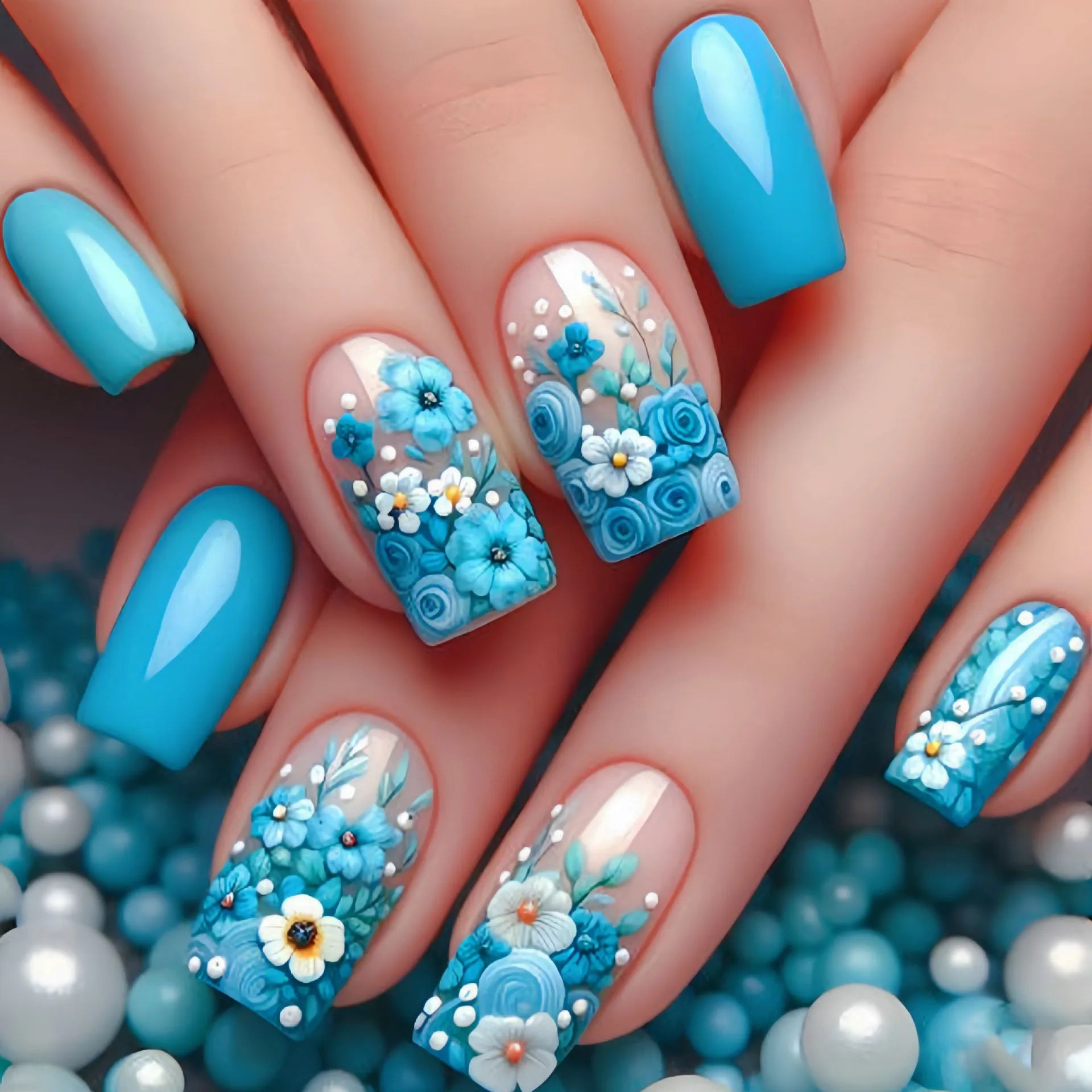 24pcs/set Medium long fake nails square ballet tips flowers butterfly for spring summer season blue green press on false nail