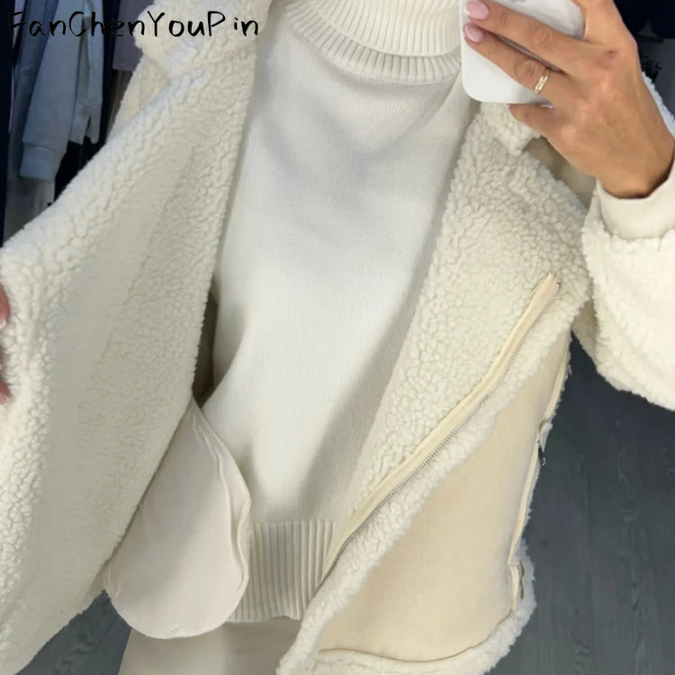 Spring Women's Coat Fashion Imitation Lamb Wool Long Sleeved Loose Top Temperament Vintage Casual Patchwork Soft Jacket