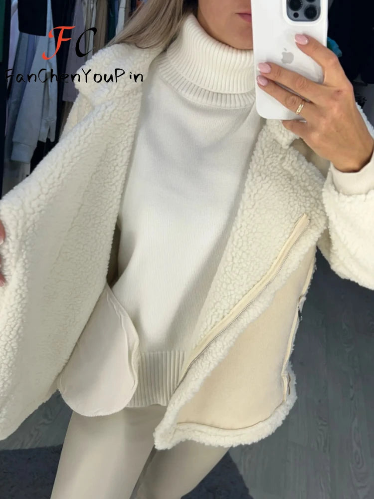 Spring Women's Coat Fashion Imitation Lamb Wool Long Sleeved Loose Top Temperament Vintage Casual Patchwork Soft Jacket