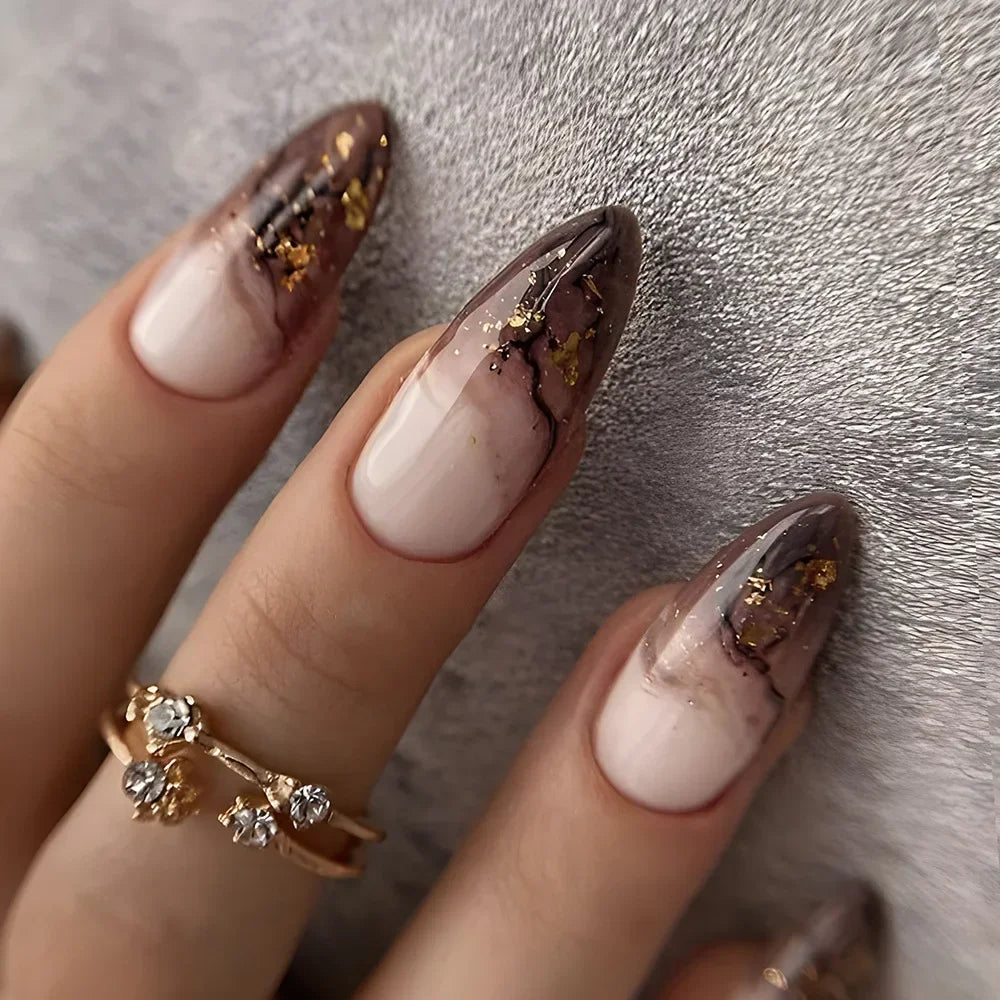 24Pcs Purple Heart Almond False Nails Artificial Simple with Glue French Wearable Fake Nails Full Cover Press on Nails Tips Art