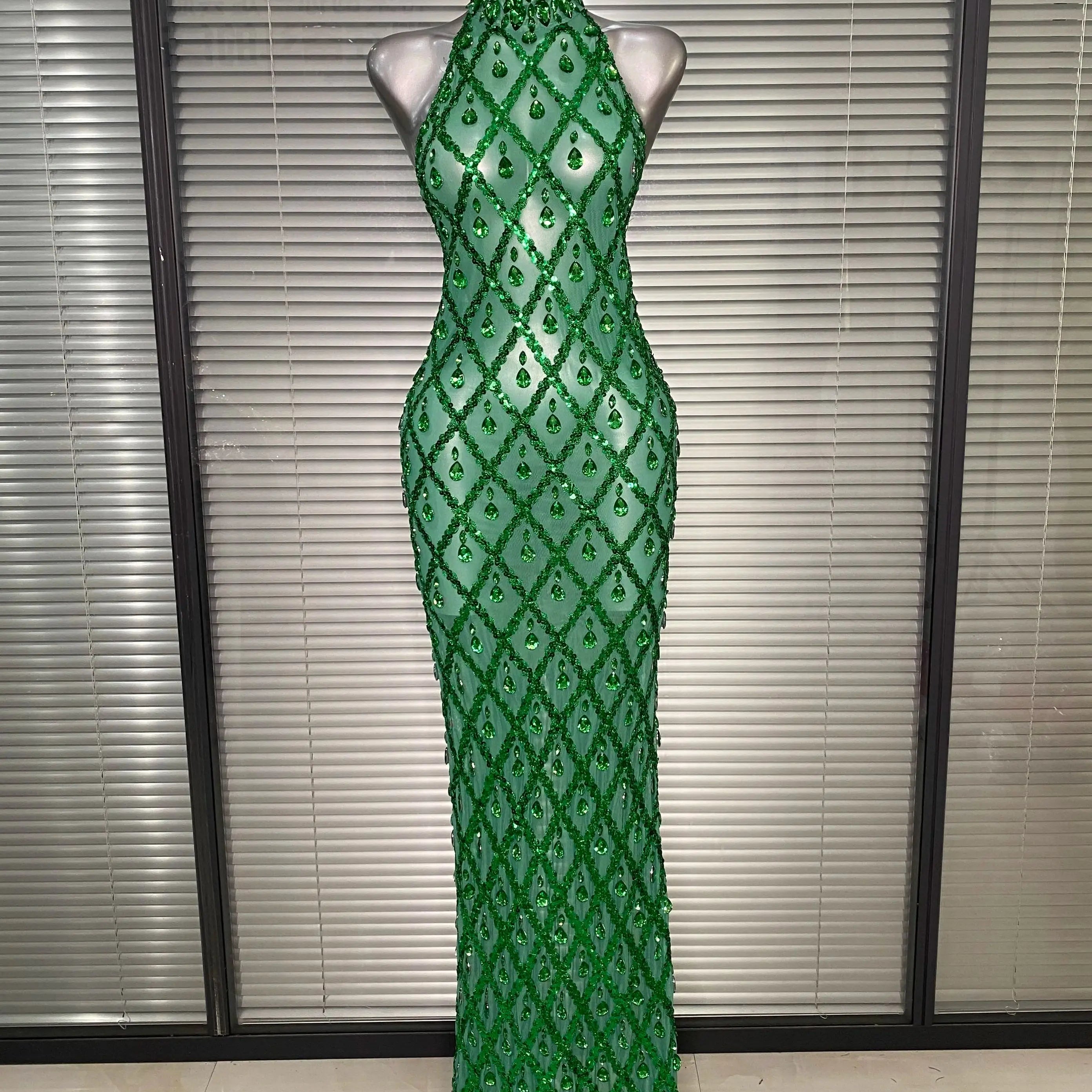 New Women Sexy Mesh Green Crystal Diamonds Maxi Dress See Through Brown Party Costume Stage Performance Dress