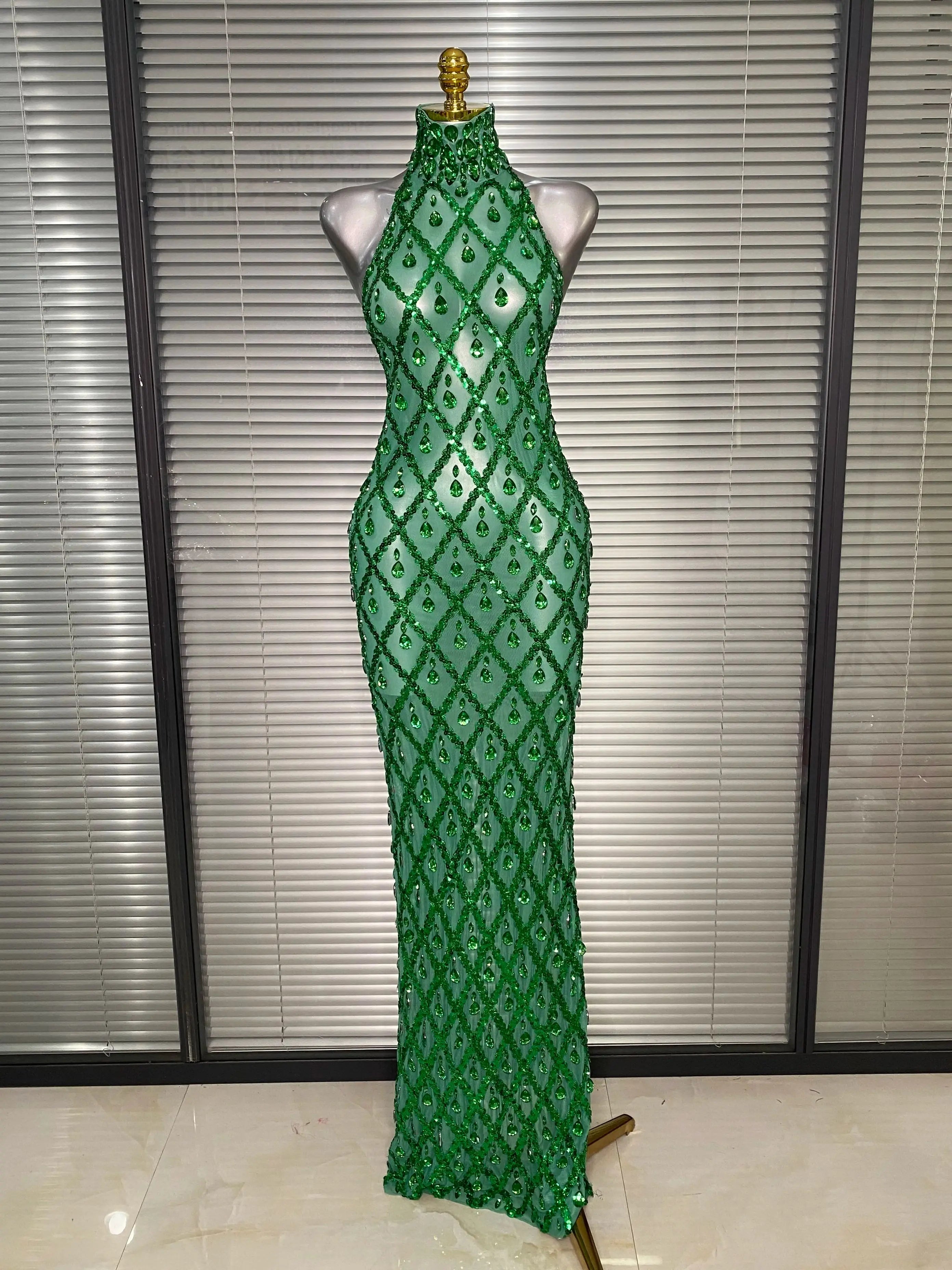 New Women Sexy Mesh Green Crystal Diamonds Maxi Dress See Through Brown Party Costume Stage Performance Dress