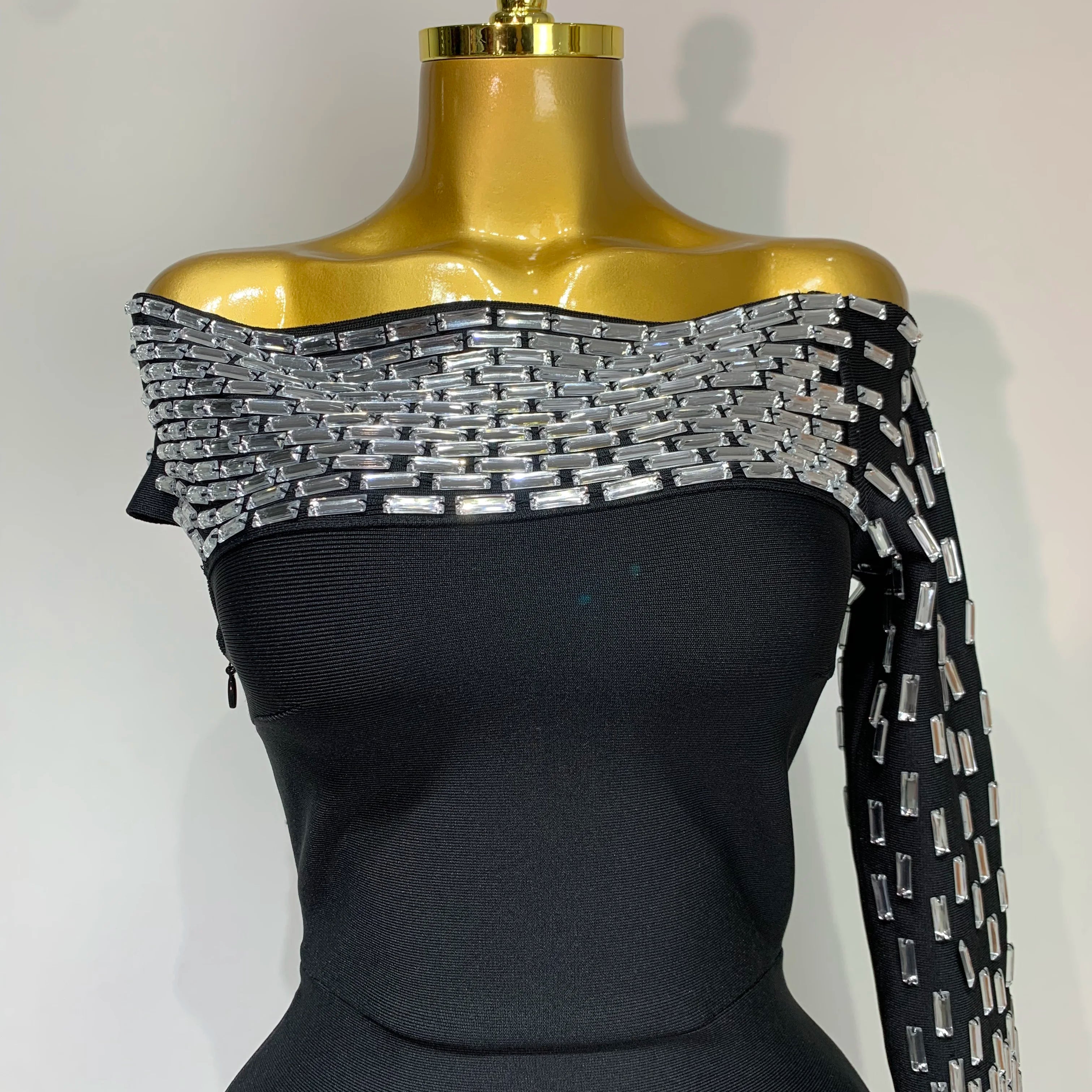 Women Celebrity Sexy Off-shoulder Diamonds Black Maxi Long Bandage Dress Evening Party Celebirty Elegant Stage Performance Dress