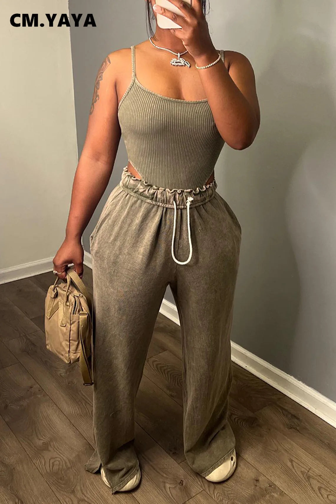 CM.YAYA Summer Women’s Sets SleevelessTop and Elastic Wide Leg Pants Sets Sexy 2 Two Piece Sets Casual Night Club Outfits