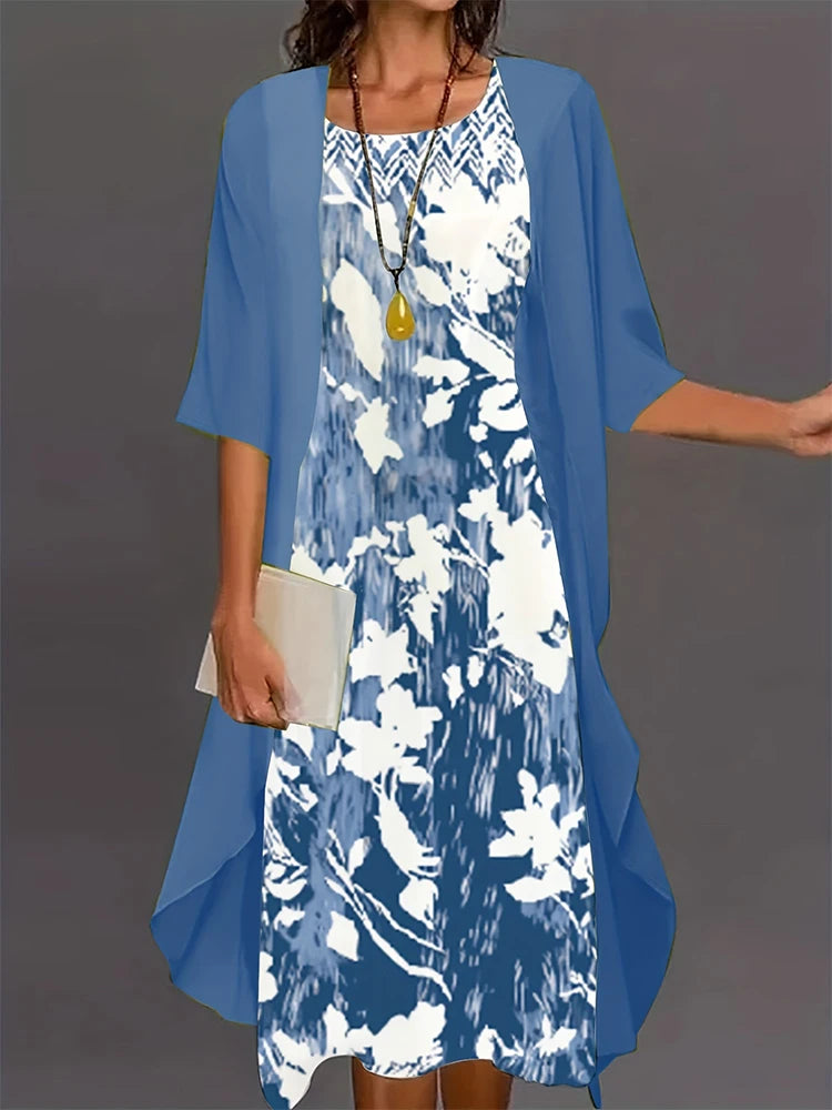 Plus Size 2024 Autumn Women's Floral Printed Long Dress Printed Pattern Two-piece Dress Round Neck Temperament Elegant Dress