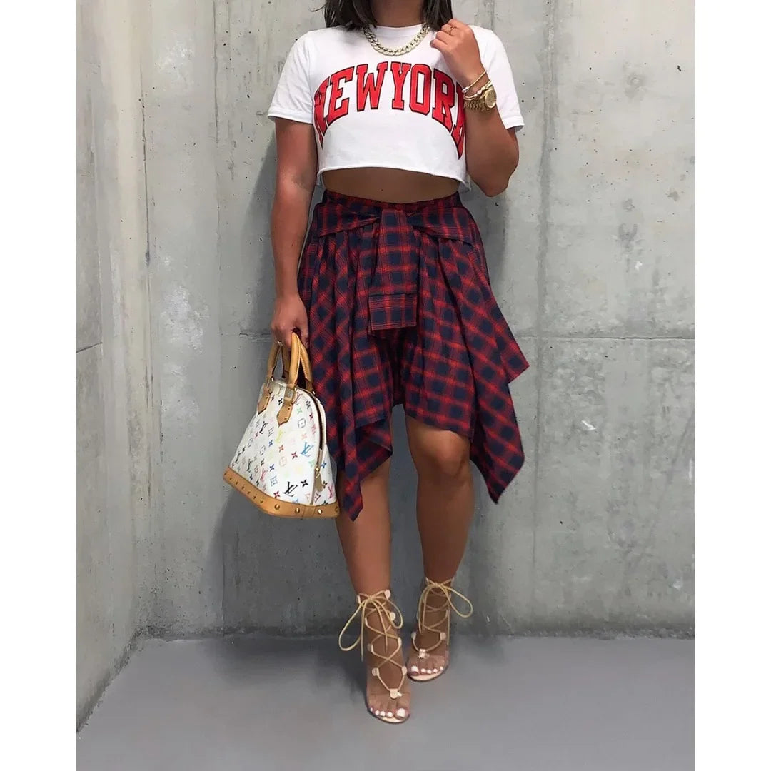 CM.YAYA Women Plaid Irregular High Waist Knee Length Skirts 2022 Summer Holiday Streetwear Sleeve Wrapped Lace Up Waist Skirt Red Blue