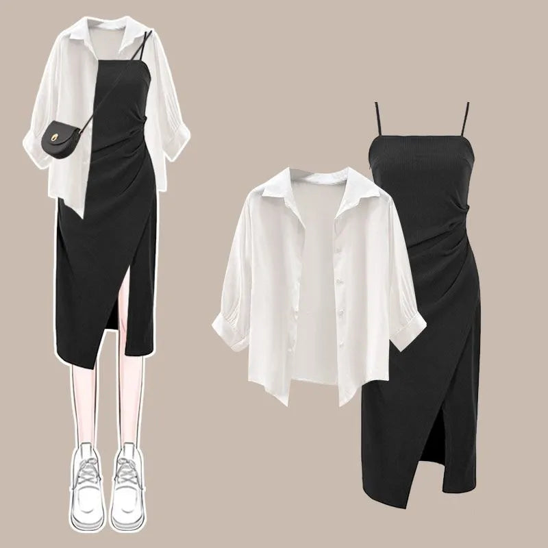 Summer New Dress Matching Set Women's Fashion Sunscreen Shirt Top+Strap Skirt Two Piece Korean Elegant Chic Dresses Suit Black Set