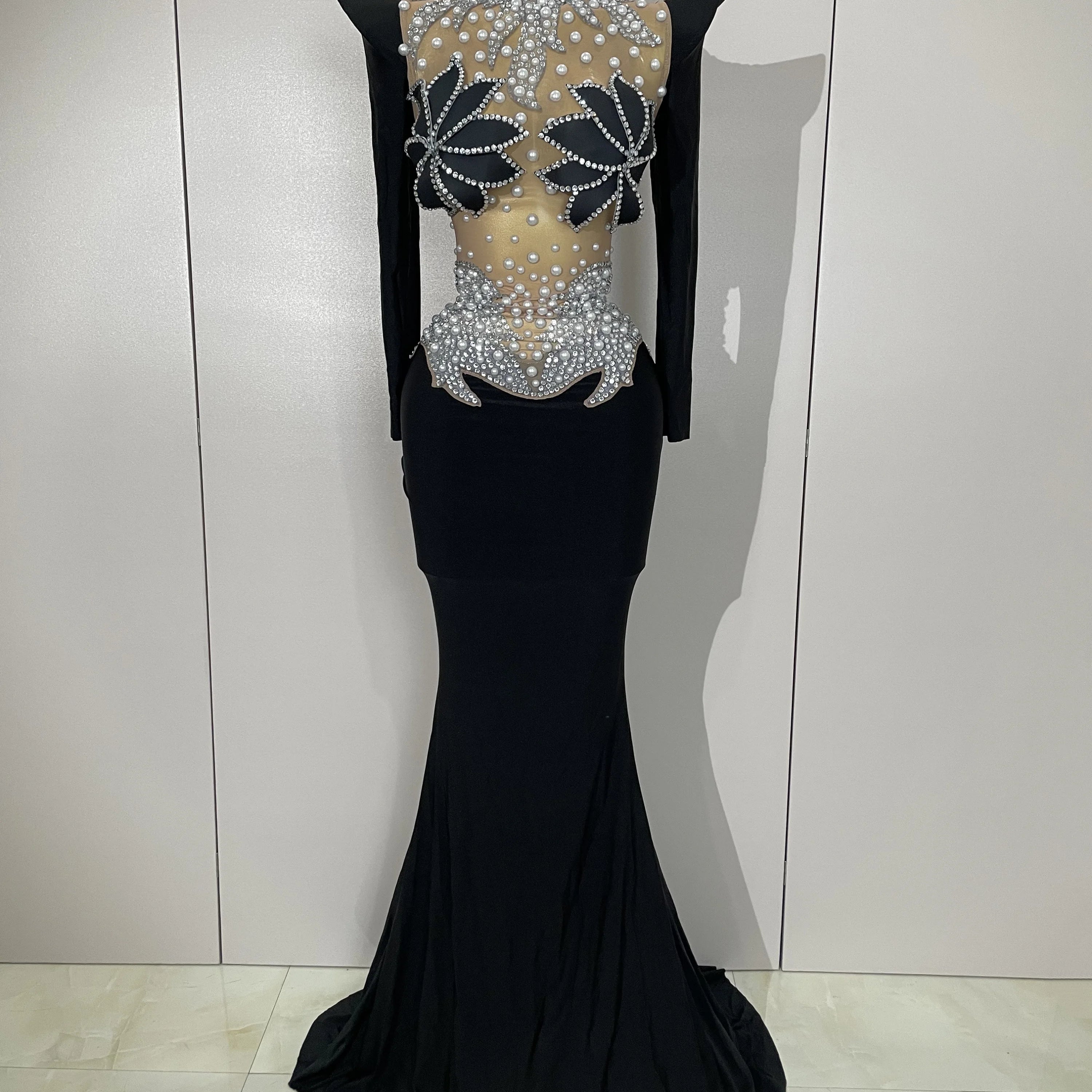 Sparkly Diamonds Pearl Black Sexy See Through Mesh Long Dress Women Wedding Evening Luxury Birthday Party Stage Photoshoot Dress