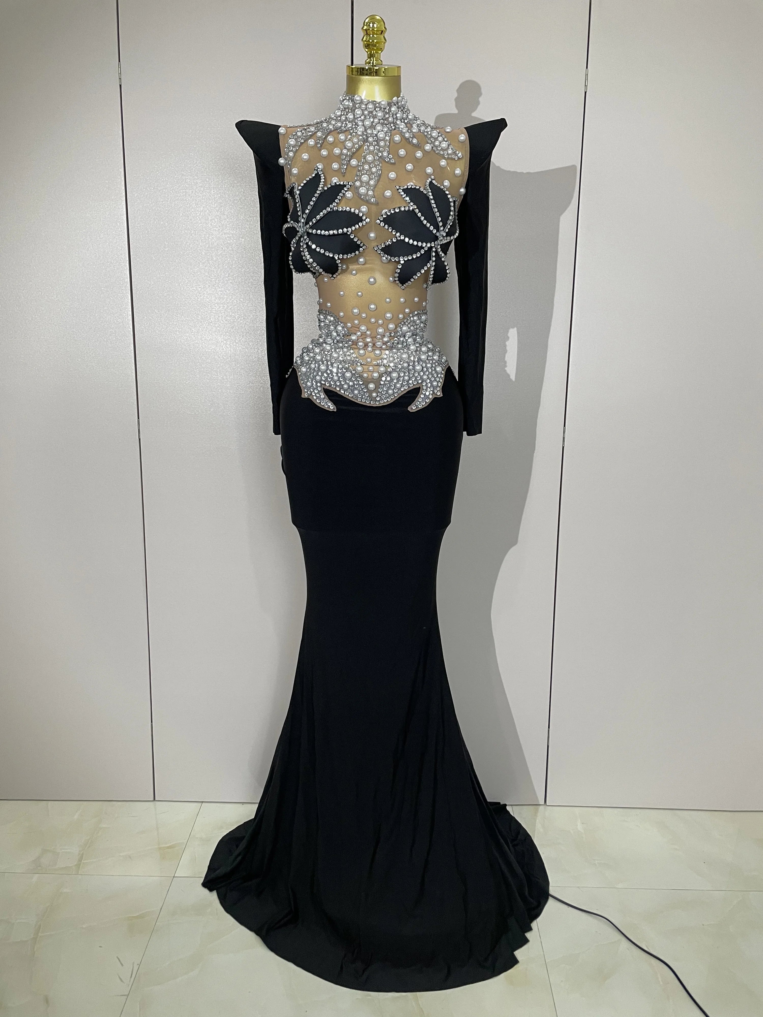Sparkly Diamonds Pearl Black Sexy See Through Mesh Long Dress Women Wedding Evening Luxury Birthday Party Stage Photoshoot Dress