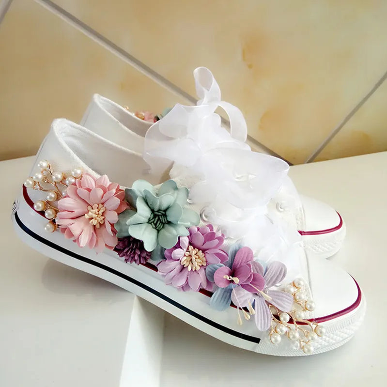 Korean Fantasy 7 Color DIY Flowers Vulcanized Shoes Pearl Hand-Made Designer Women's Rhinestone Platform Canvas Shoes WHITE