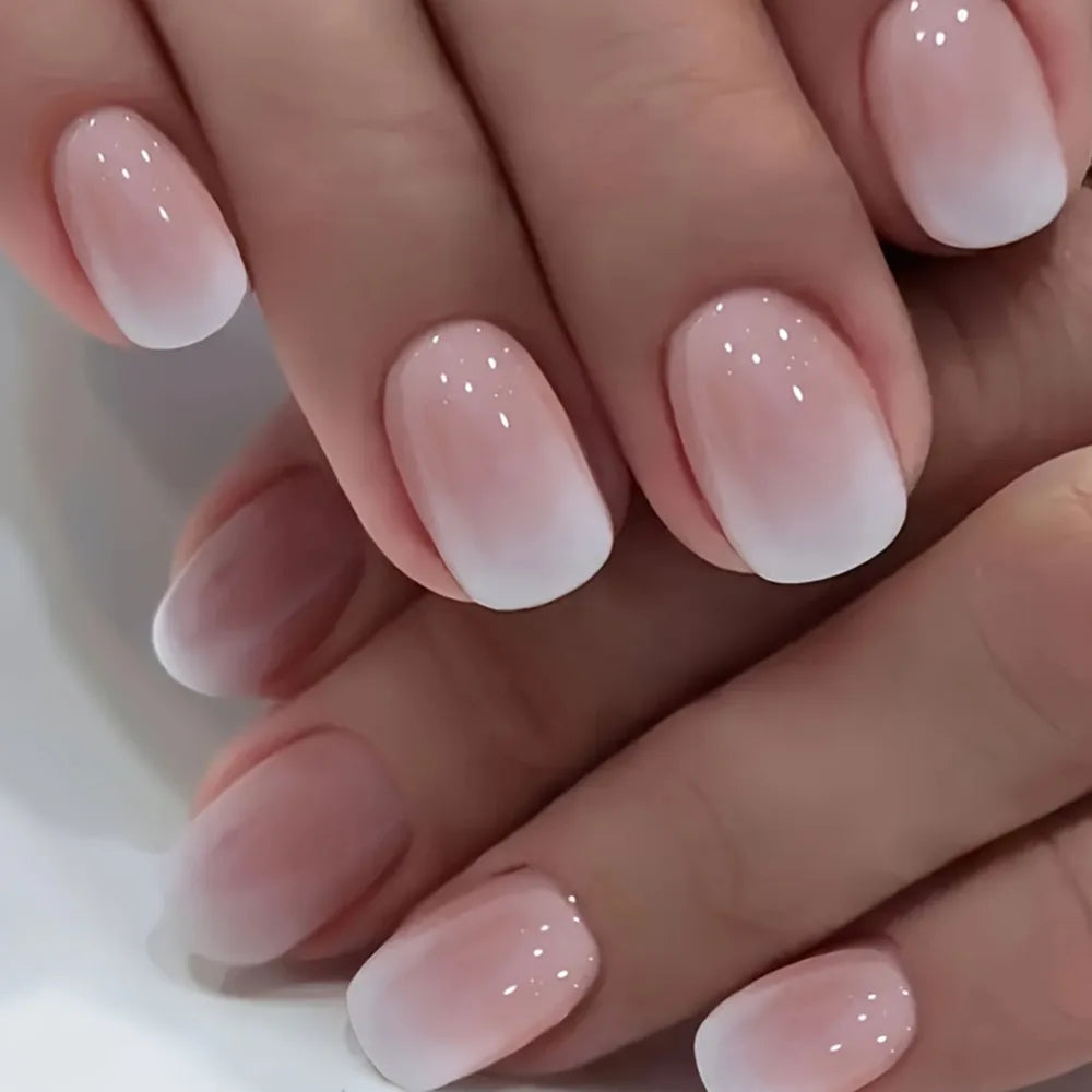 24pcs/set short fake nails gradient nude pink jelly glossy square ballet french tips Reusable faux ongles press on false nail