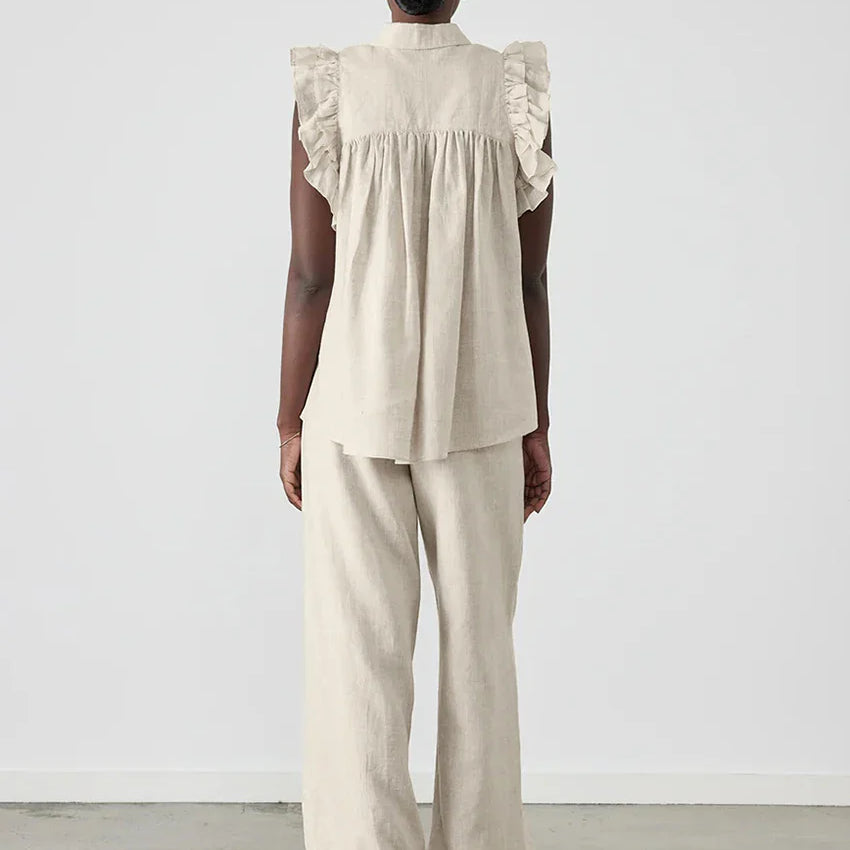 Clacive Fashion Loose Beige Cotton 2 Piece Sets Women Outfit Elegant Sleeveless Tank Top With High Waist Wide Pants Set