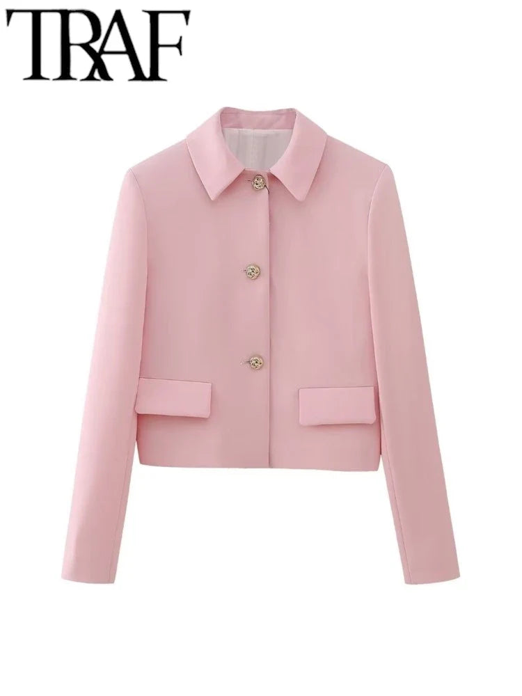TRAF Spring Elegant Women Pink Y2K Short Blazer Metal Flower Button Long Sleeve Female Suit Jacket Turn Down Collar Tops