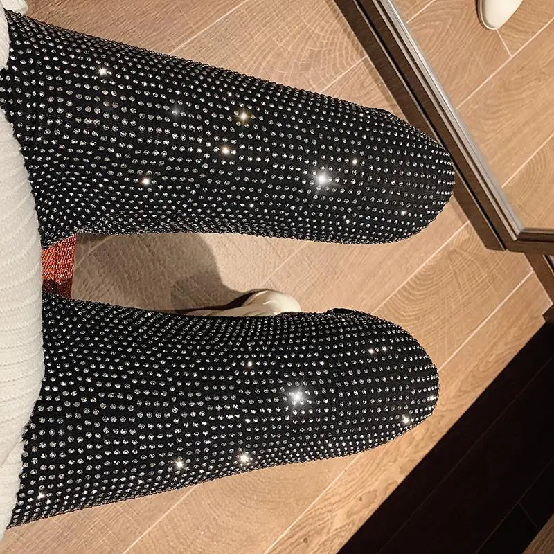 Autumn Shiny Drilling Slim Tight Pencil Pants Diamonds Beaded Shining Slim Fit Elastic Rhinestones Leggings Crystal Trousers Silver Beaded
