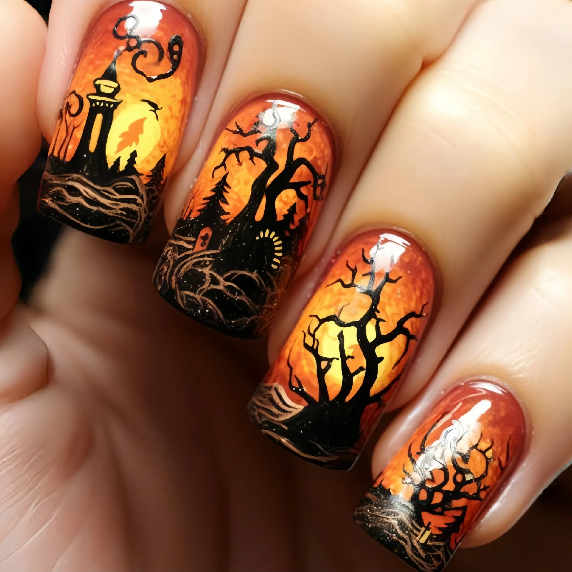24pcs/set fake nails short middle ballet square nail tips Dreamy colors flowers clouds forest design press on false nails art