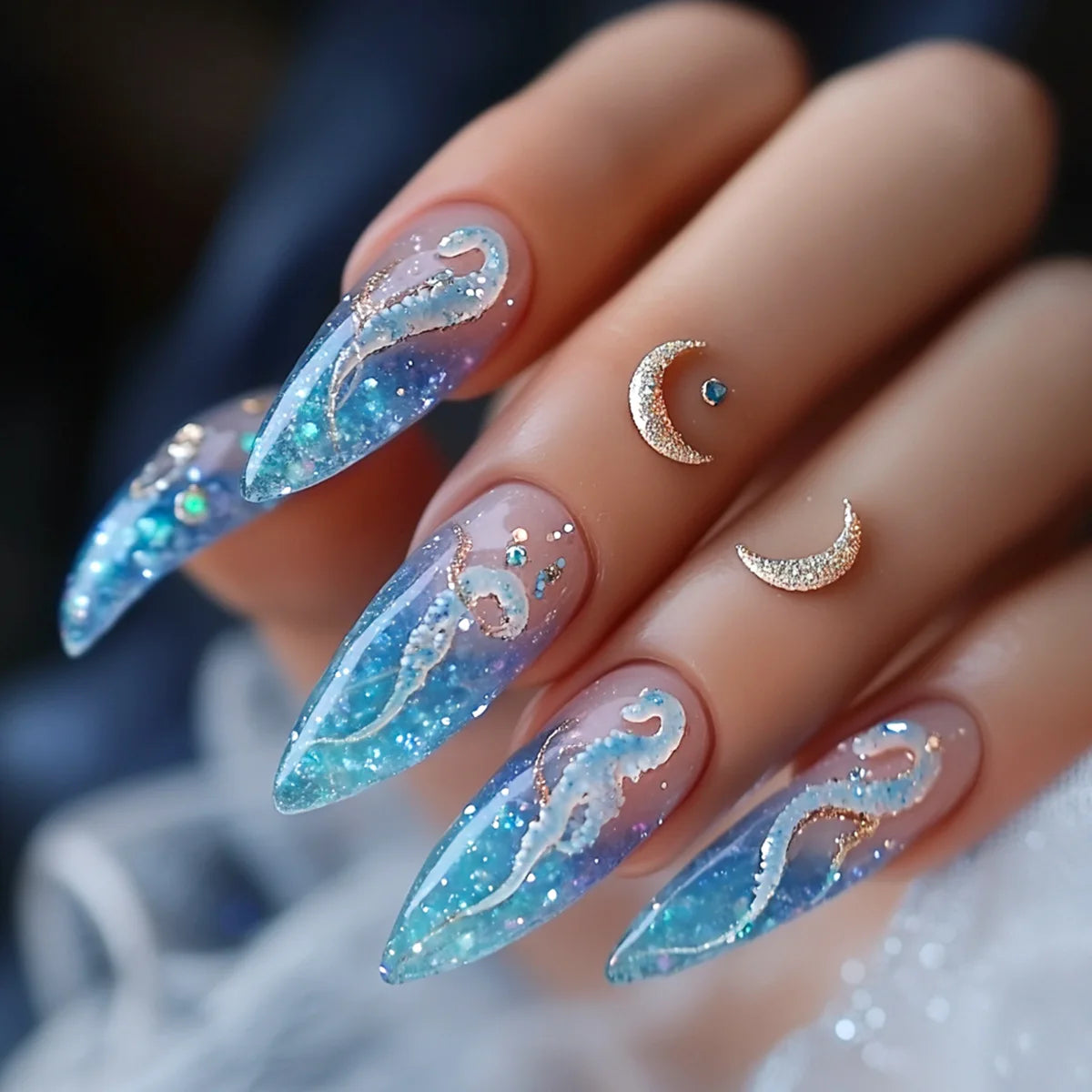 Medium fake nails for women gilrs gradient blue pink starry sky star moon Y2K design Almond nail tips press on false nail set