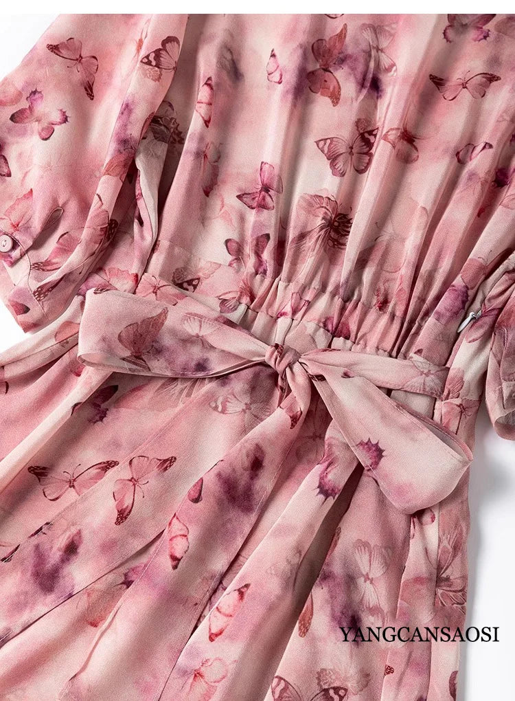 French Artistic Pink Purple Butterfly Printing 1.2-meter Extended Large Skirt Hem 100% Natural Mulberry Silk Women's Dress