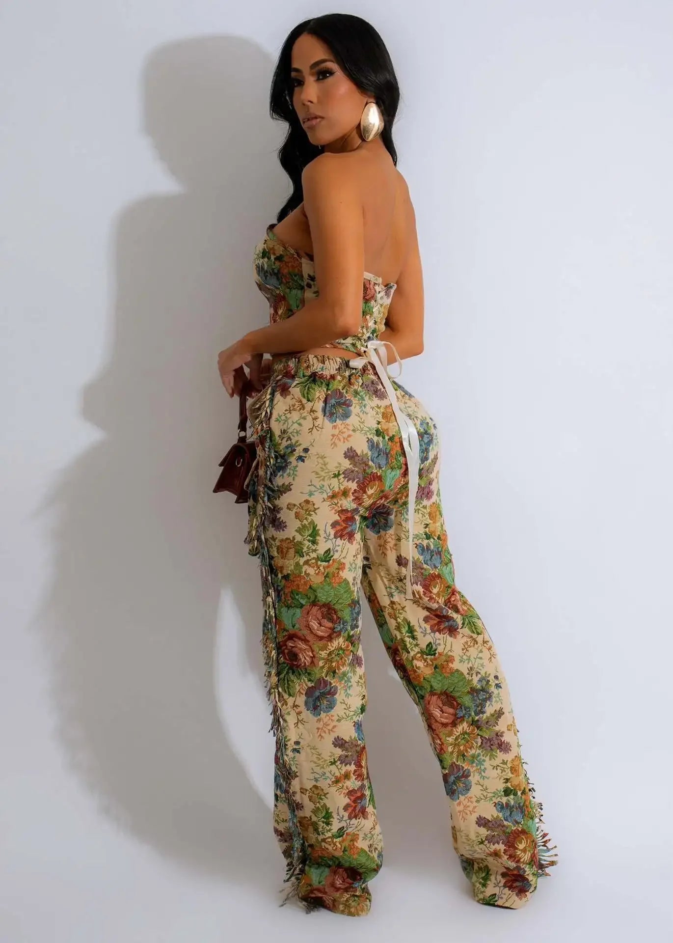 CM.YAYA Fashion Print Women's Set Strapless Top and Wide Leg tassel Pants Summer Cargo Street Two 2 Piece Set Outfit Tracksuit