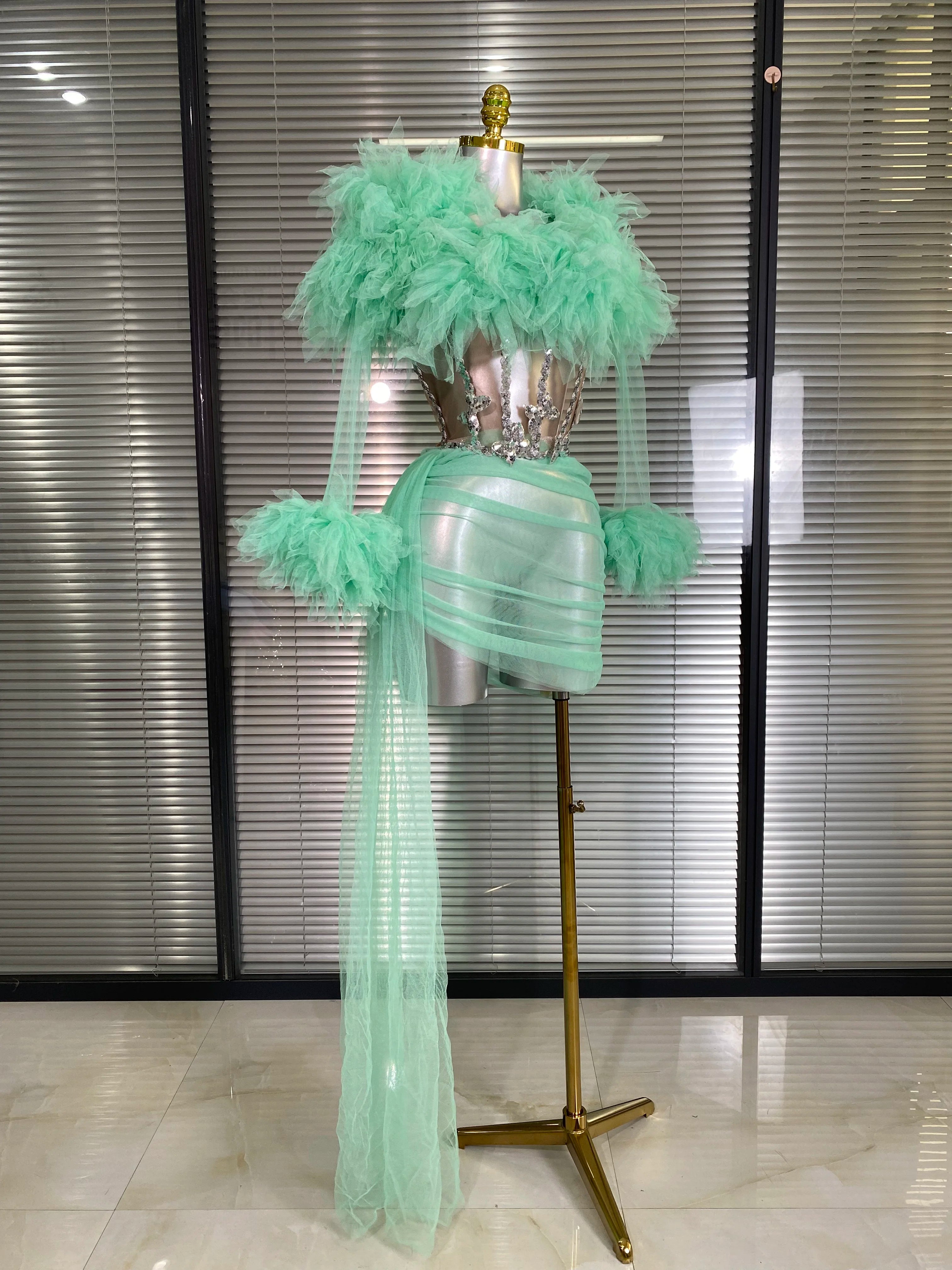 Summer New 2025 Sexy Two Pieces Set Women Celebrity Laced Mint Mesh Night Club Skirt Suits Stage Performance Costume