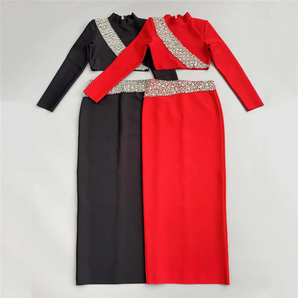 Black Red Women Long Sleeve Shinning Diamond 2 Pieces Bodycon Bandage Long Dress Elegant Normal Evening Party Outfit