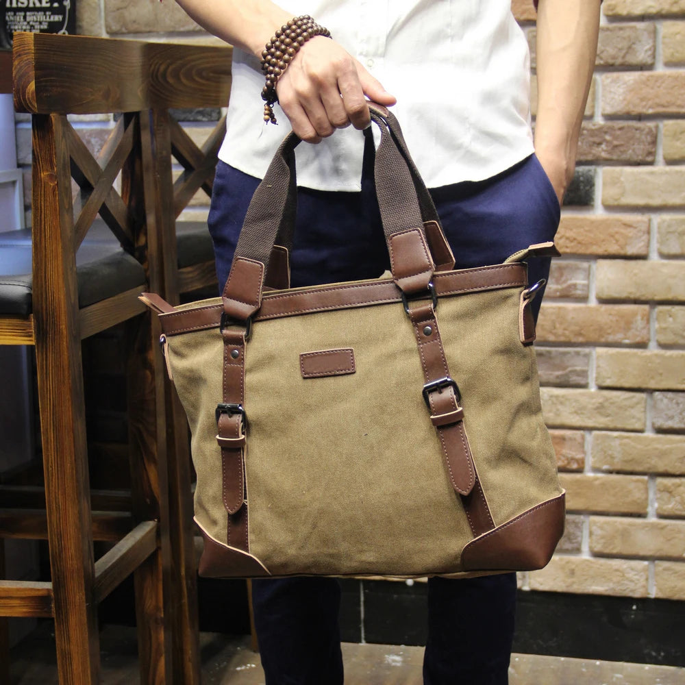 Khaki Casual Vintage Multifunction Soft Men's Canvas Travel Handbag Crossbody Shoulder Messenger Bag For Men