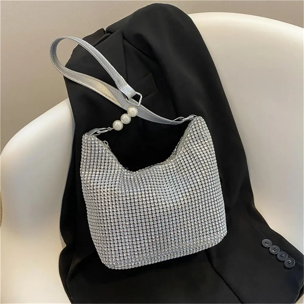 1Pc Elegant Women Rhinestones Evening Clutch Handbags Fashion Shiny Dinner Party Wedding Purses Shoulder Underarm Bag for Women Silver-B