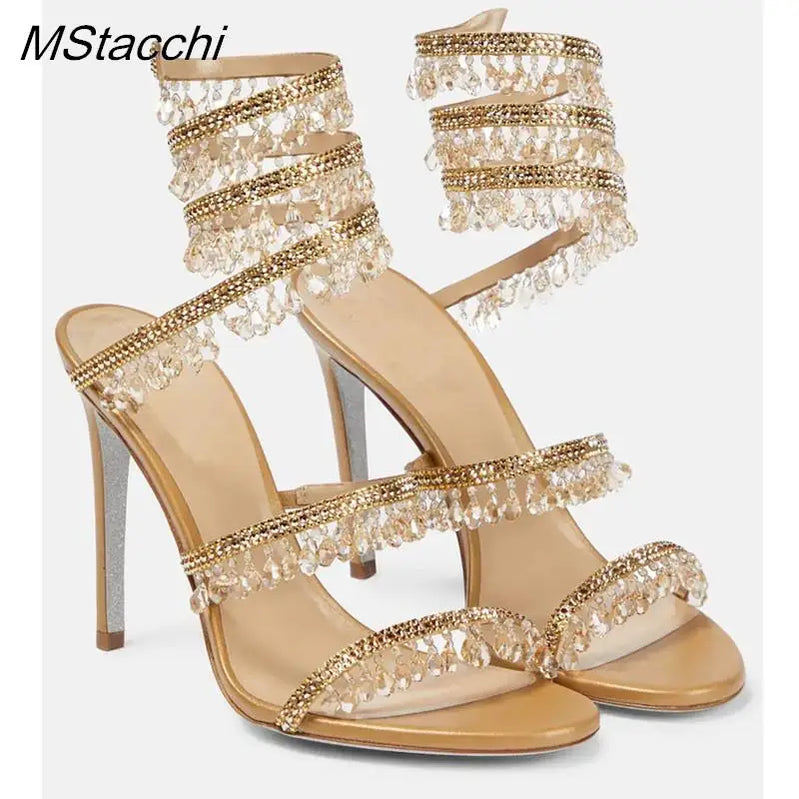 Crystal Wrap Sandals Women Summer Wedding Shoes High Heel Party Shoes Ankle Strappy Sandals Designer Stiletto Heel Shoes