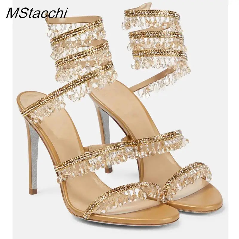 Crystal Wrap Sandals Women Summer Wedding Shoes High Heel Party Shoes Ankle Strappy Sandals Designer Stiletto Heel Shoes