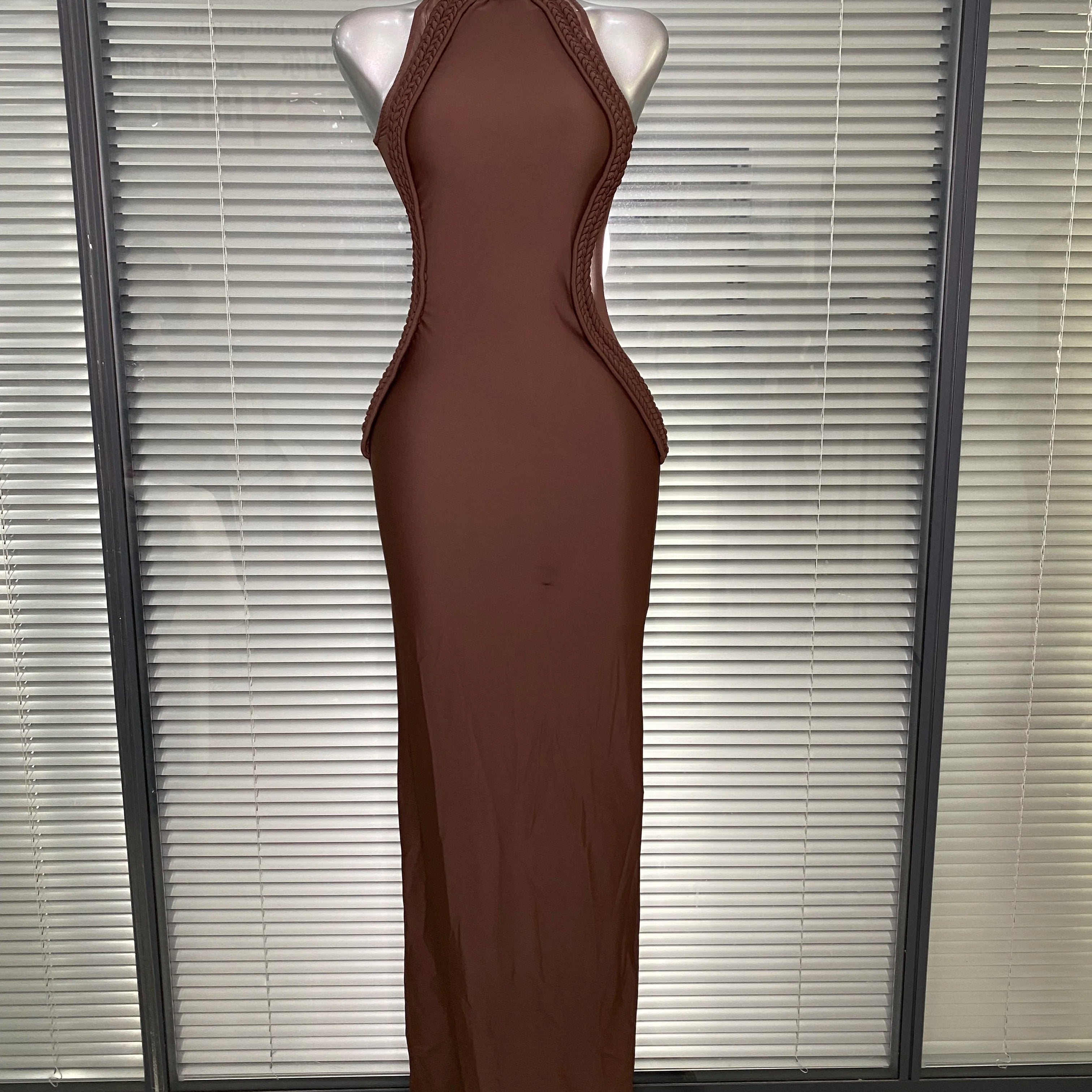 Brand New Women Sexy Sleeveless Brown Lace Long Dress Brown High Street Celebrity Party Dress