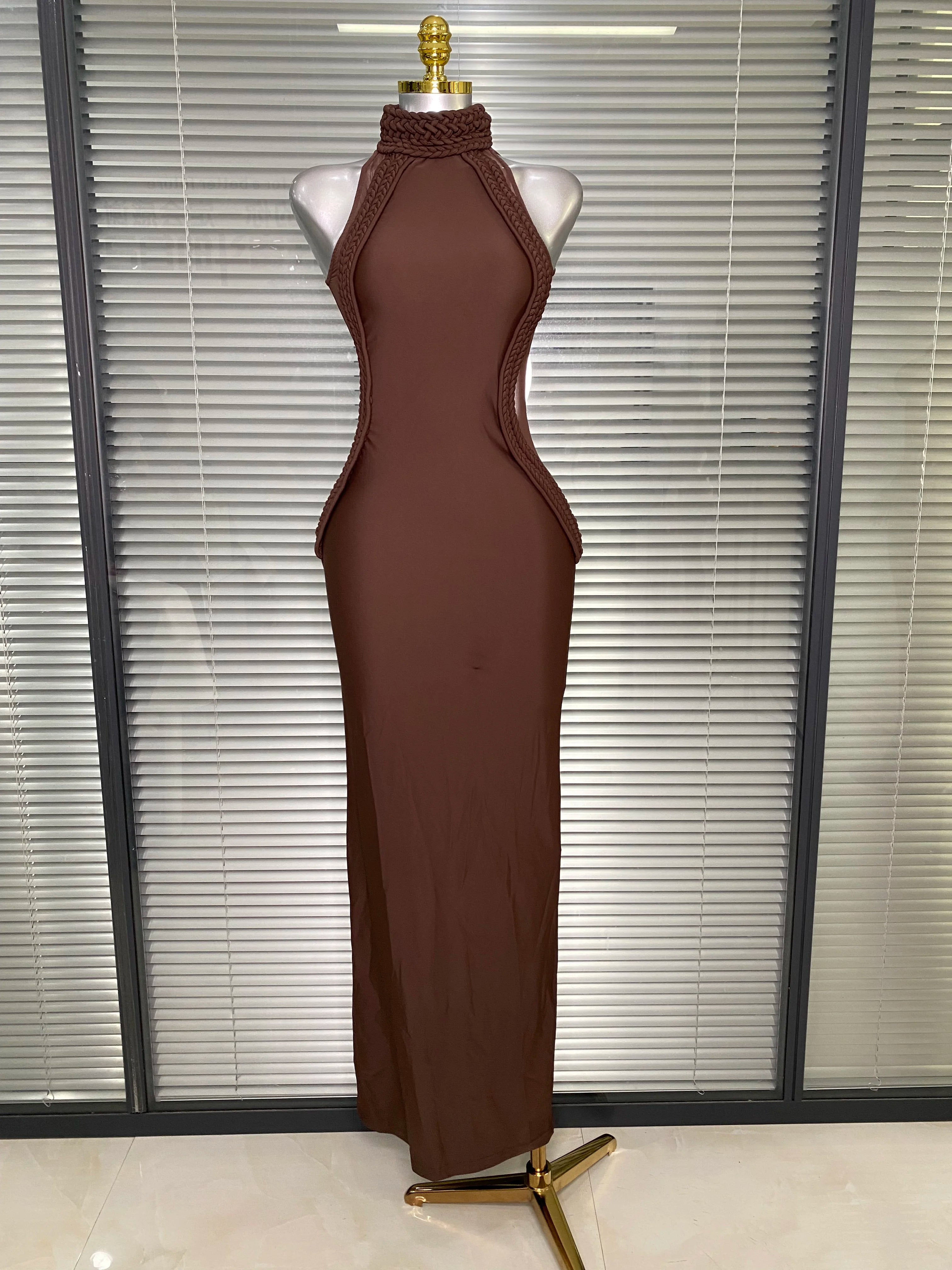 Brand New Women Sexy Sleeveless Brown Lace Long Dress Brown High Street Celebrity Party Dress