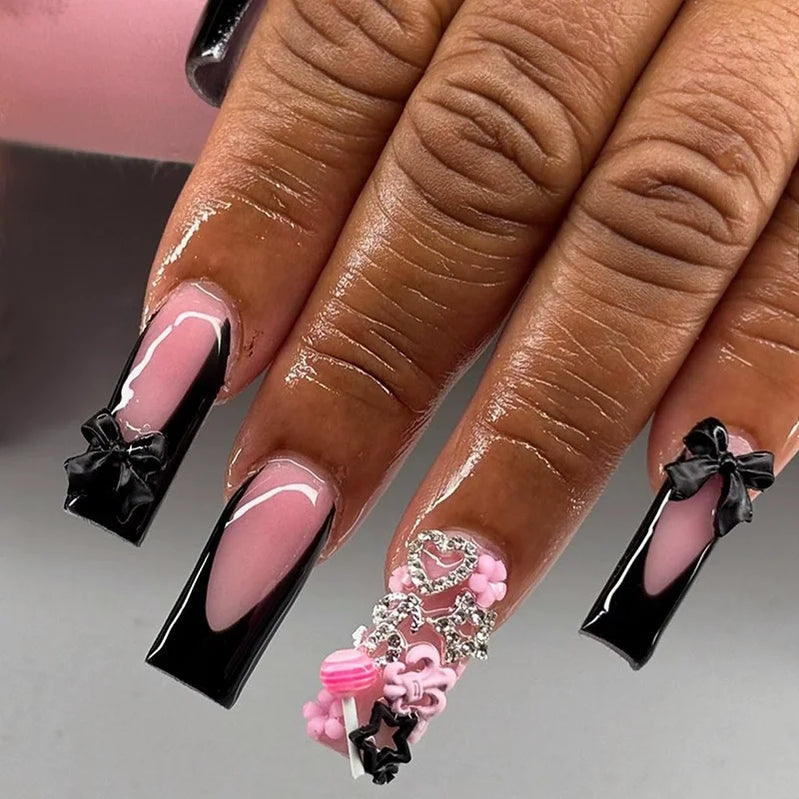 24Pcs French Black Press on Nails Mid-length Square Head Fake Nails with 3D Bow Tie Rhinestone Wearable Finished False Nail Tips